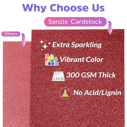 SANZIX 25 Sheets Red Glitter Cardstock Paper- 8.2"x11.7", 110lb 300 GSM, A4 Heavyweight Sparkle Glitter Paper | Red Card Stock Perfect for Cricut, Scrapbook, DIY Crafts, Christmas Gifts & Cards - Image 3