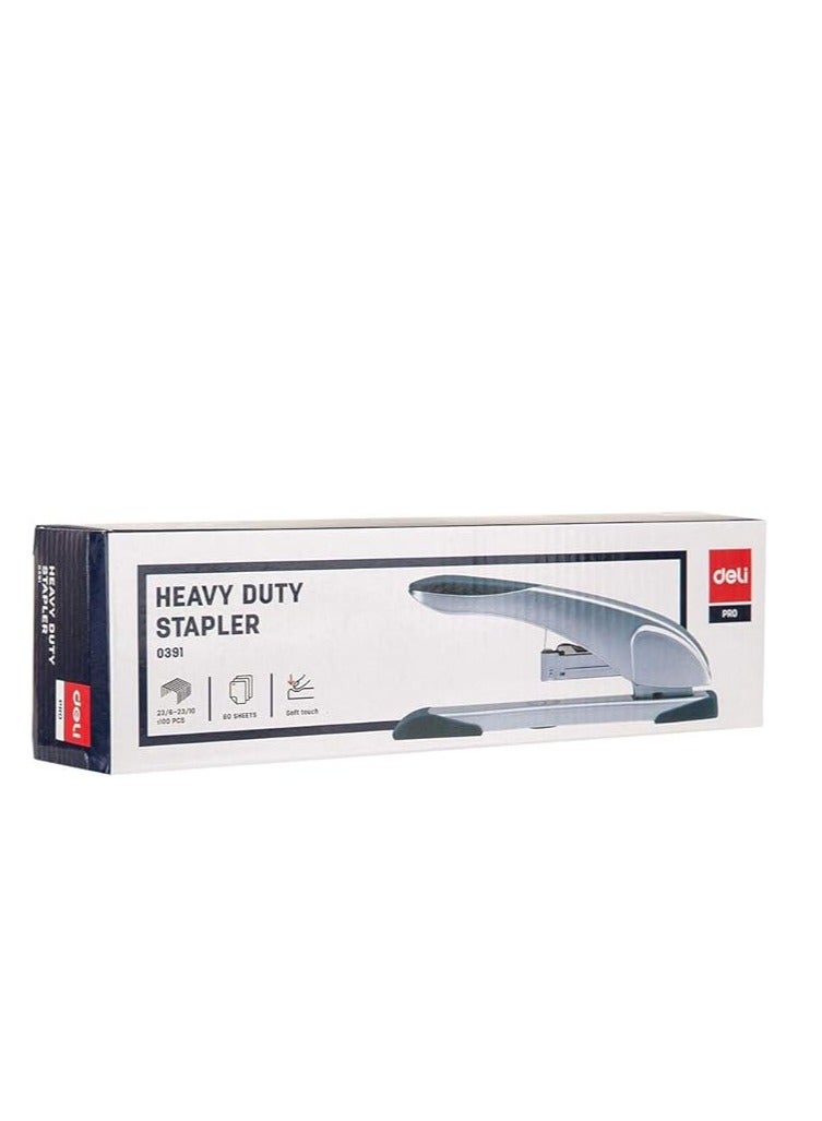Deli Heavy-duty Stapler Long handle design | low-staple indicator | comfortable touch | anti-skid base E0391, Grey - Image 1