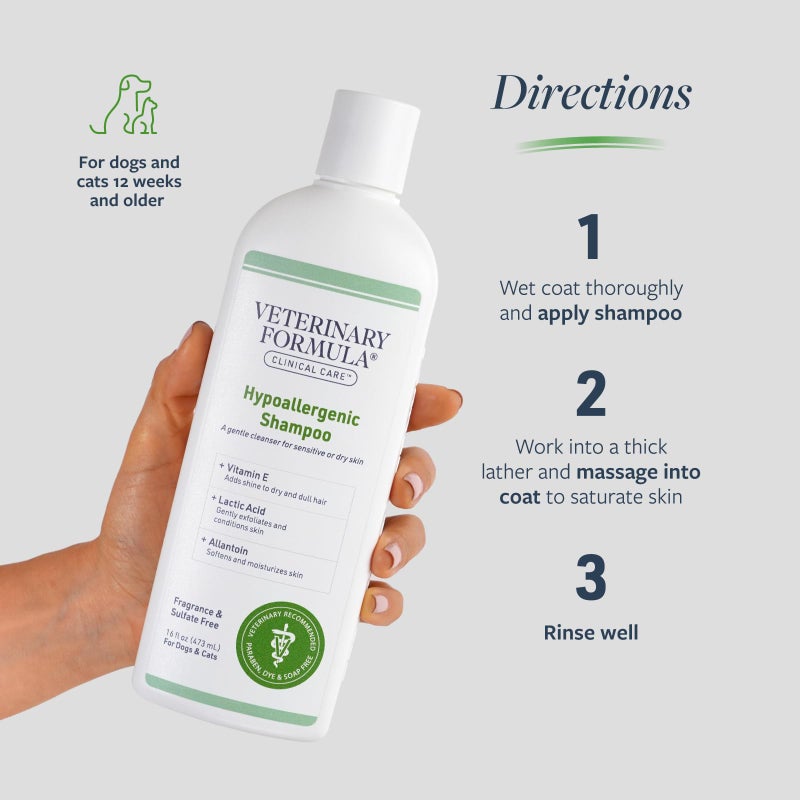 Veterinary Formula شامبو هيبوالرجينيك للعناية السريرية من فيتيريناري فورمولا للكلاب والقطط، 16 أونصة – بدون مكونات قاسية – شامبو حيوانات أليفة خالي من العطور للحساسية والبشرة الحساسة، يعزز صحة الجلد والفرو - Image 5