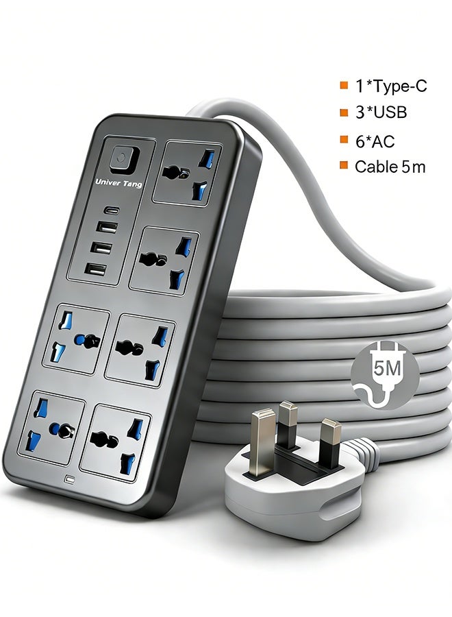 Univer Tang 5 meters Universal Extension Lead with Multiple Function UK Plug 3 Pin Socket Outlet with 6 Gang 3 USB Port 1 Type-C Port 5M Electric Socket Mains Strip for Home Kitchen and Office 5 meters - Image 1