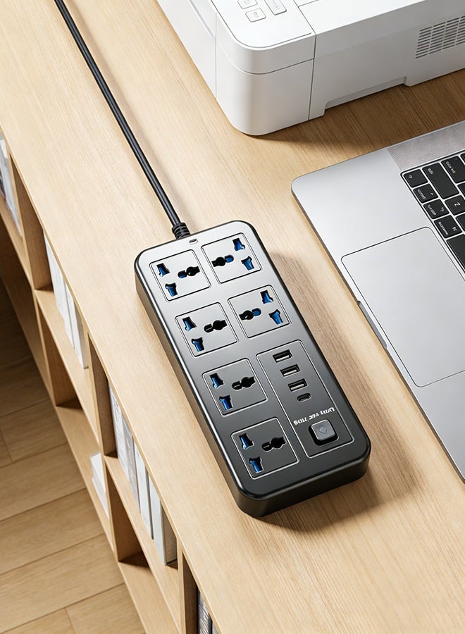 Univer Tang 5 meters Universal Extension Lead with Multiple Function UK Plug 3 Pin Socket Outlet with 6 Gang 3 USB Port 1 Type-C Port 5M Electric Socket Mains Strip for Home Kitchen and Office 5 meters - Image 2