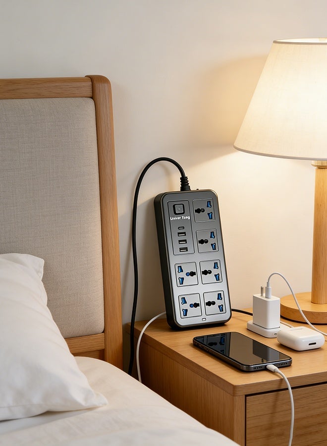 Univer Tang 5 meters Universal Extension Lead with Multiple Function UK Plug 3 Pin Socket Outlet with 6 Gang 3 USB Port 1 Type-C Port 5M Electric Socket Mains Strip for Home Kitchen and Office 5 meters - Image 3