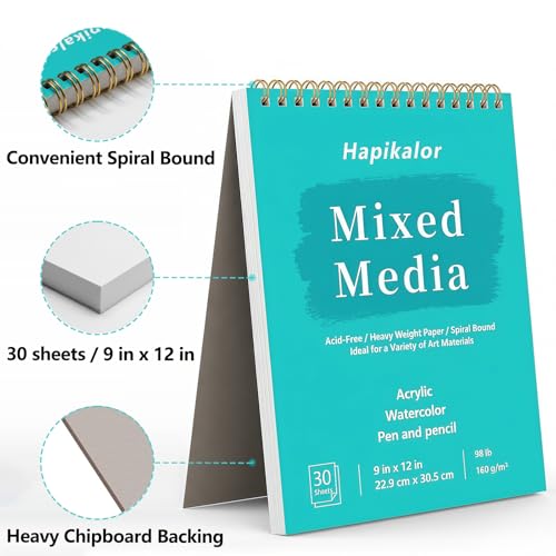 Hapikalor Sketch Book Mixed Media Pad - 9" x 12" Top Spiral Bound Sketch Pad, 30 Sheets 98lb/160gsm Acid-Free Drawing Paper, Light Watercolor Sketchbook for Drawing, Sketching, Painting, Art Supplies - Image 2
