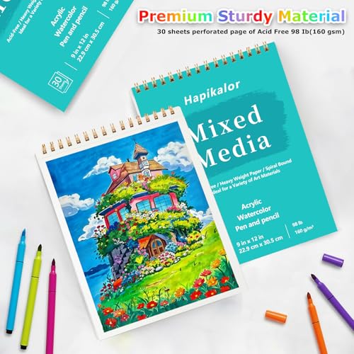 Hapikalor Sketch Book Mixed Media Pad - 9" x 12" Top Spiral Bound Sketch Pad, 30 Sheets 98lb/160gsm Acid-Free Drawing Paper, Light Watercolor Sketchbook for Drawing, Sketching, Painting, Art Supplies - Image 3