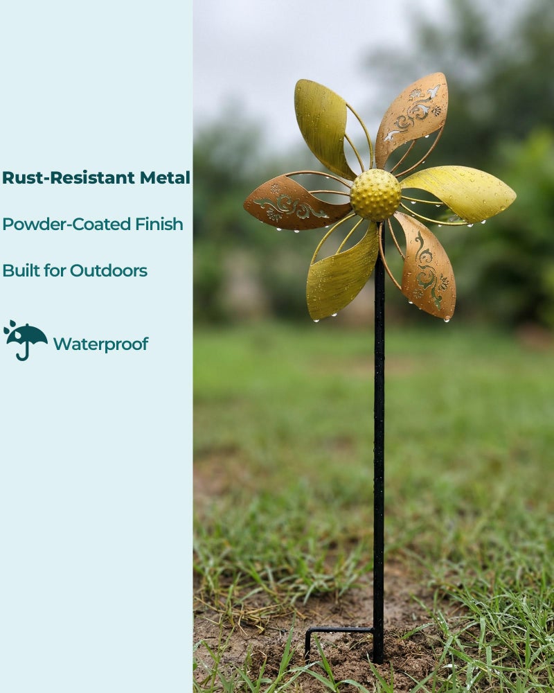 Gronhof 37" Metal Wind Spinner for Yard & Garden, 10" Kinetic Outdoor Garden Spinner, Rust-Resistant Decorative Yard Art (Gold Ornate Laser-Cut Floral) - Image 3