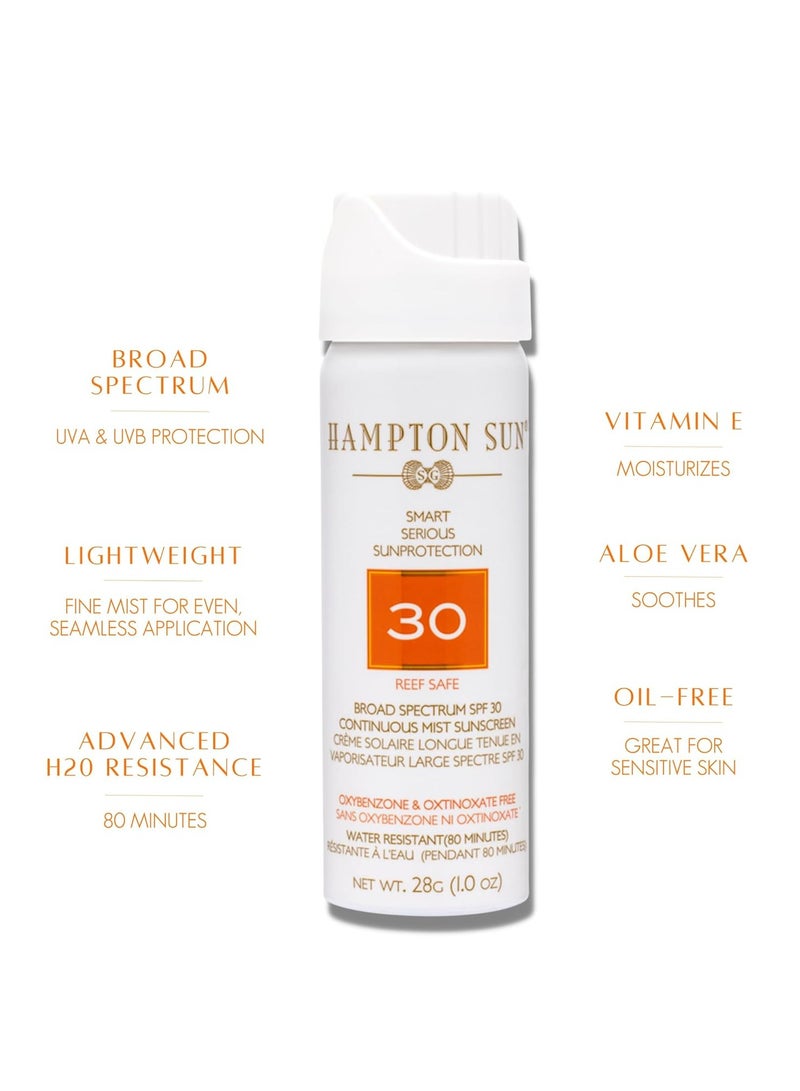 Hampton Sun SPF 30 Continuous Mist Sunscreen - 1.0 oz. Travel Size, Broad Spectrum + Advanced Water/Sweat Resistance, Vitamin E + Aloe Vera, Glowy, Hydrated Finish, Oil-Free, All Skin Types - Image 2