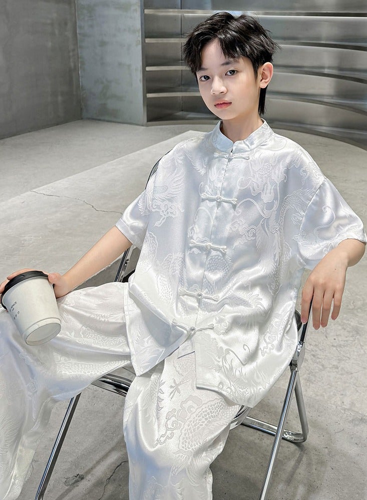 LiangSanZhi Boys' Hanfu Summer Set, Ancient-style Tang Suit Outfit for Kids, Anti-Mosquito Pants Two-Piece Set, Chinese Traditional Clothing for Boys  - Image 3