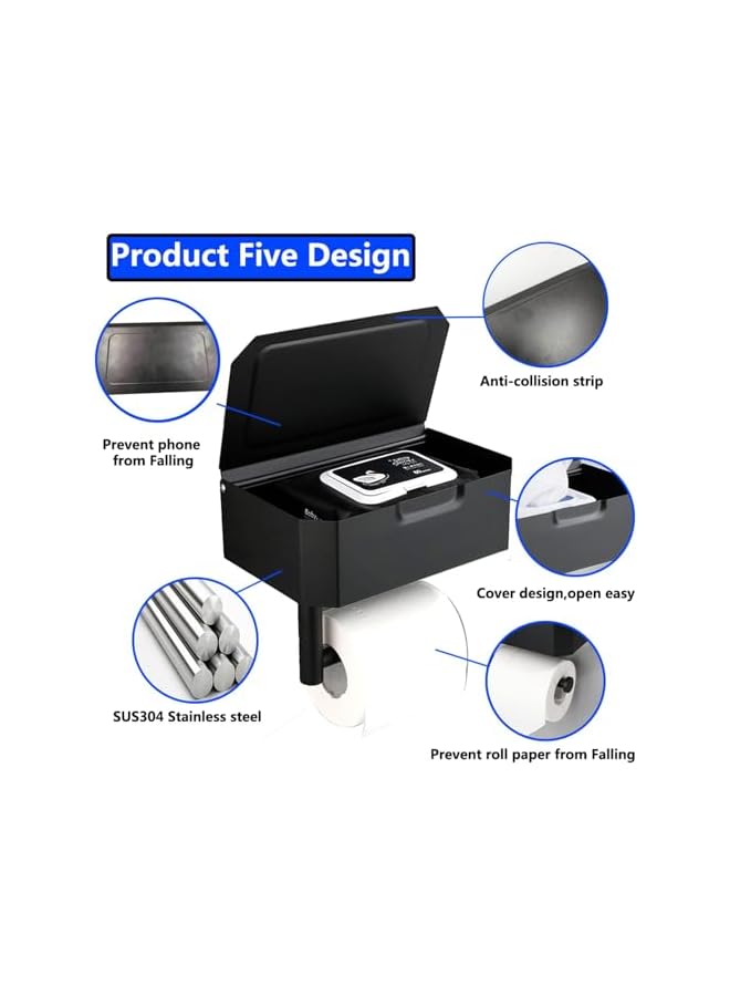 S-TOP Wall Mounted Toilet Paper Holder with Shelf, SUS304 Stainless Steel Toilet Paper Storage Box, Adhesive/Screws Installation for Bathroom Tissue & Wipes Holder - Image 3