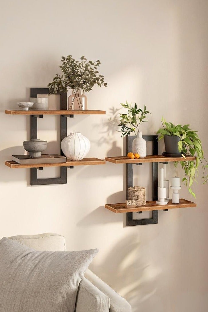 Floating Shelves, 15 Inch Wall Shelf Set of 2, Wall Mounted Storage Shelves 2-Tier, Hanging Bathroom Shelves, for Living Room, Bedroom, Bathroom, Kitchen, Rustic Brown and Black
