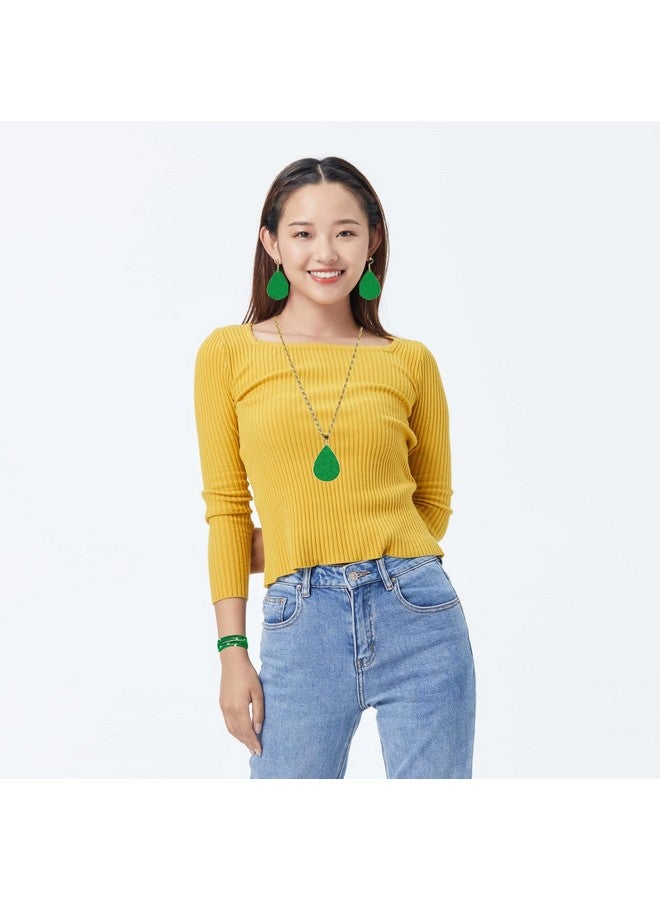 INENIMARTJ 4 Pieces Green Jewelry Set For Women Green Faux Leather Earrings Necklace Bracelet Set Green Leather Bracelet Dangle Leather Earrings Necklace Glitter Jewelry Set For Girls Holiday Gifts (Green) - Image 2