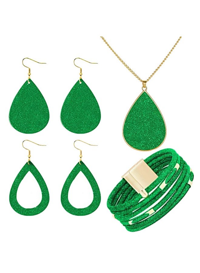 INENIMARTJ 4 Pieces Green Jewelry Set For Women Green Faux Leather Earrings Necklace Bracelet Set Green Leather Bracelet Dangle Leather Earrings Necklace Glitter Jewelry Set For Girls Holiday Gifts (Green) - Image 1