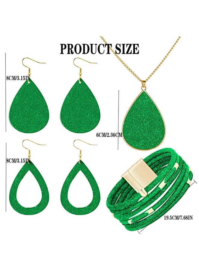 INENIMARTJ 4 Pieces Green Jewelry Set For Women Green Faux Leather Earrings Necklace Bracelet Set Green Leather Bracelet Dangle Leather Earrings Necklace Glitter Jewelry Set For Girls Holiday Gifts (Green) - Image 3