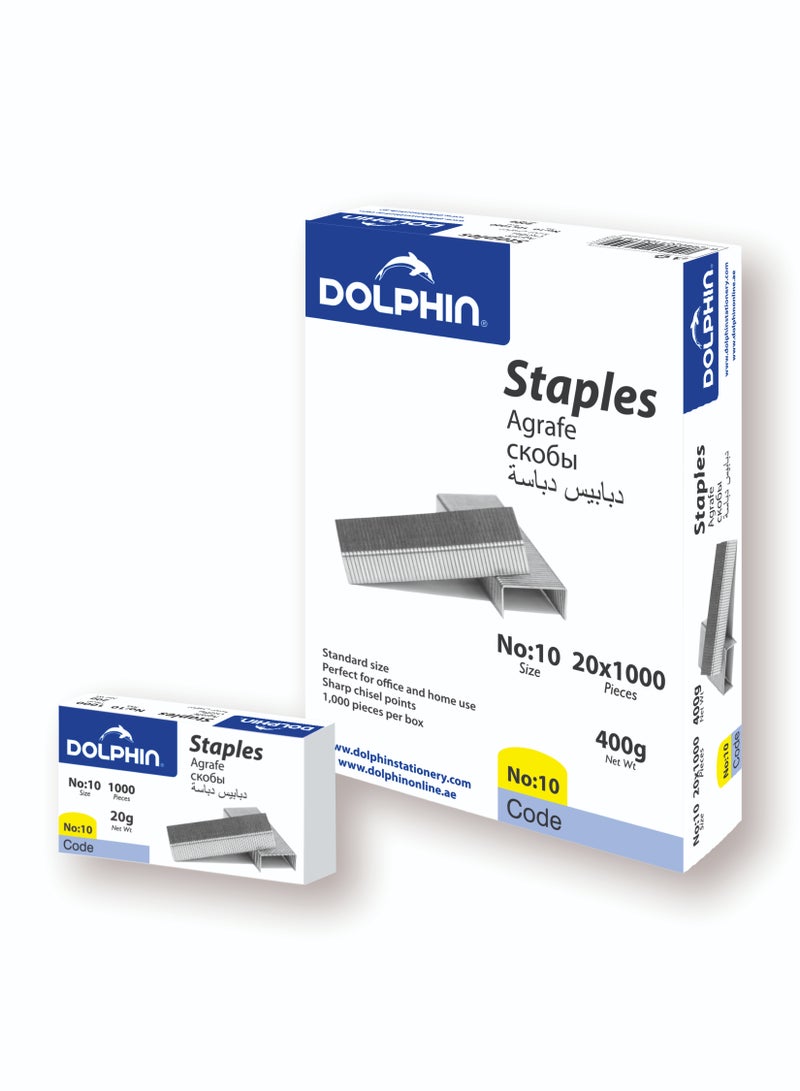 Dolphin No.10 Staples Mini Size 20 × 1000 Pieces (20,000 Staples) for Desktop Staplers