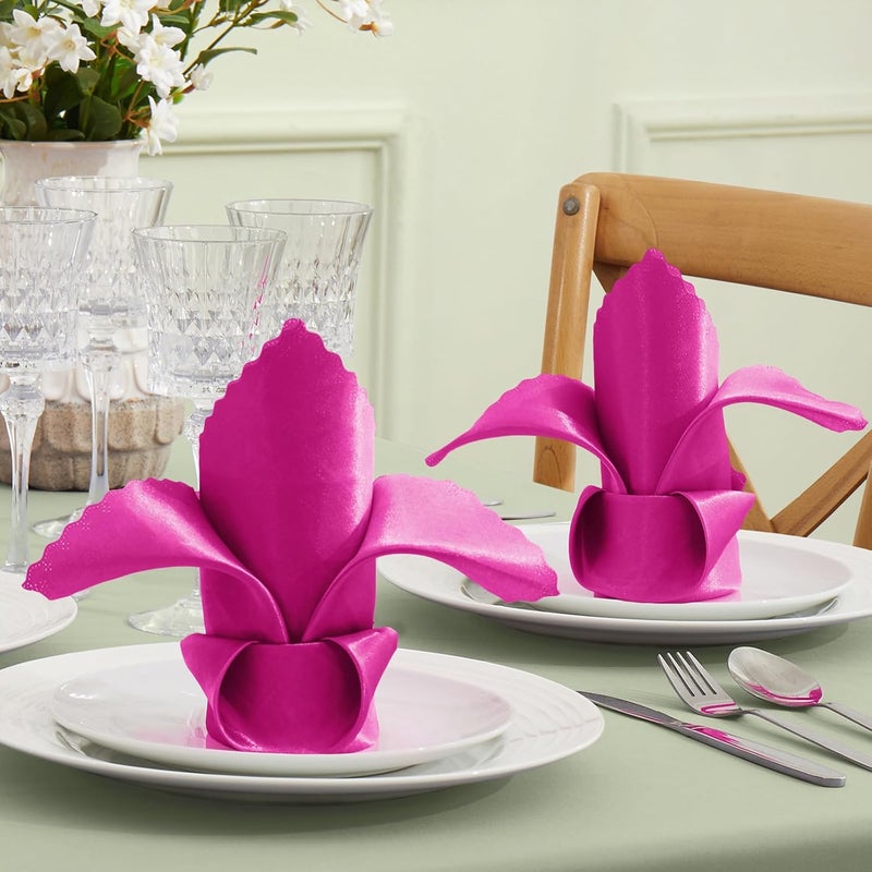 VACVELT Hot Pink SatinNapkins (100 Pack) 17x17 Inch Wedding Napkins, Scalloped Elegant Dinner Square Table Napkins for Restaurant Banquet Party - Image 2