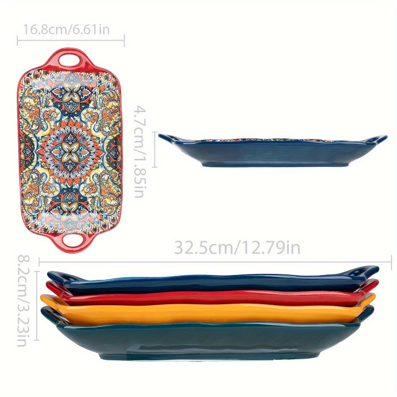 2pc Mixed Color 12.6Inch Rectangular Trays with Handles Ceramic - Image 2
