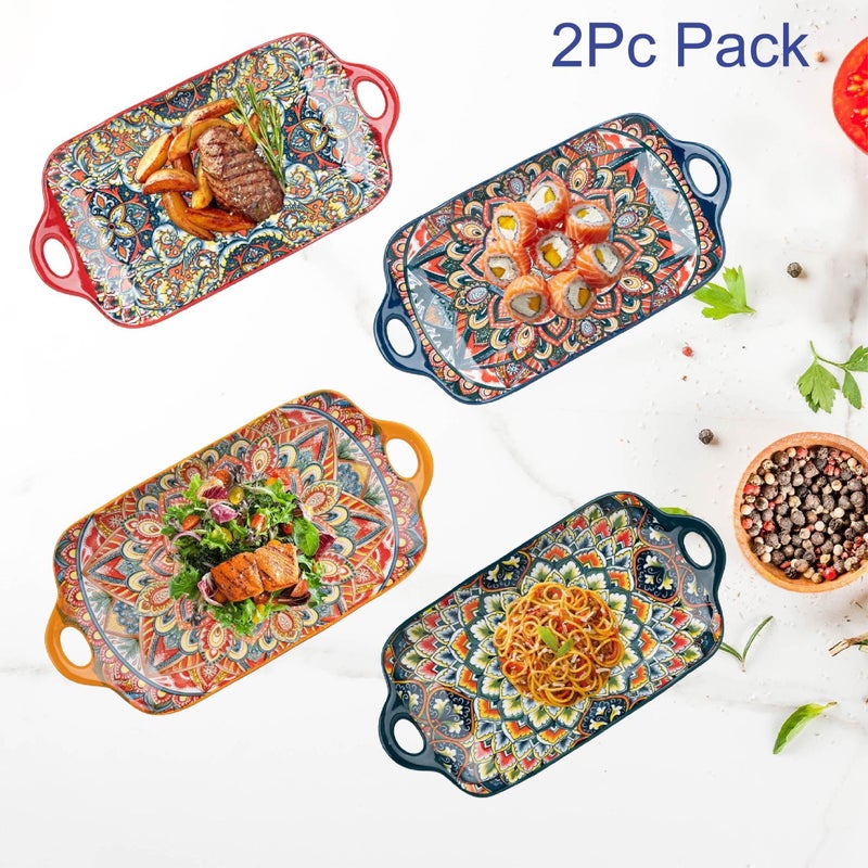 2pc Mixed Color 12.6Inch Rectangular Trays with Handles Ceramic - Image 1