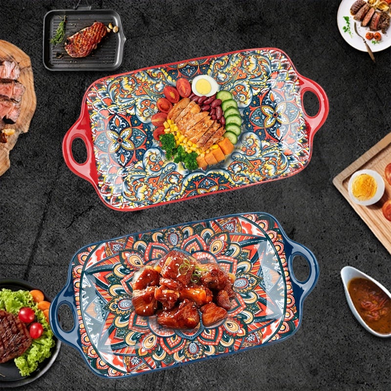 2pc Mixed Color 12.6Inch Rectangular Trays with Handles Ceramic - Image 5
