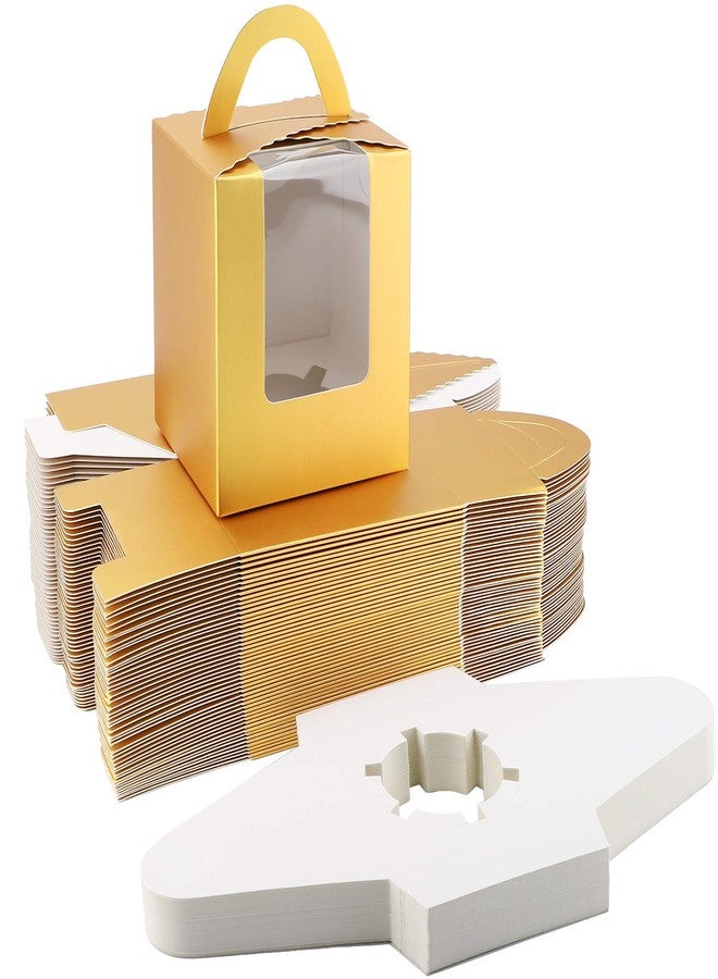 EUSOAR Gold Individual Cupcake Carriers, 50pcs 3.6"x 3.6"x 4.3" Single Disposable Paper Cupcake Boxes, Cupcake to go Gift Boxes with Window Handle, for Wedding Birthday Party Candy Favor - Image 1