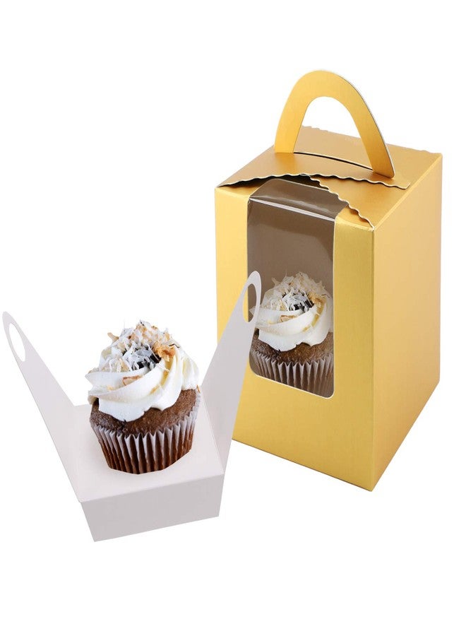 EUSOAR Gold Individual Cupcake Carriers, 50pcs 3.6"x 3.6"x 4.3" Single Disposable Paper Cupcake Boxes, Cupcake to go Gift Boxes with Window Handle, for Wedding Birthday Party Candy Favor - Image 5