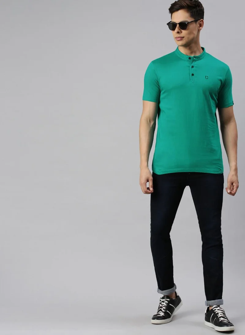 Urbano Fashion  Urbano Fashion Men's Teal Green Solid Mandarin Collar Slim Fit Cotton T-Shirt for Men | Best Price UAE