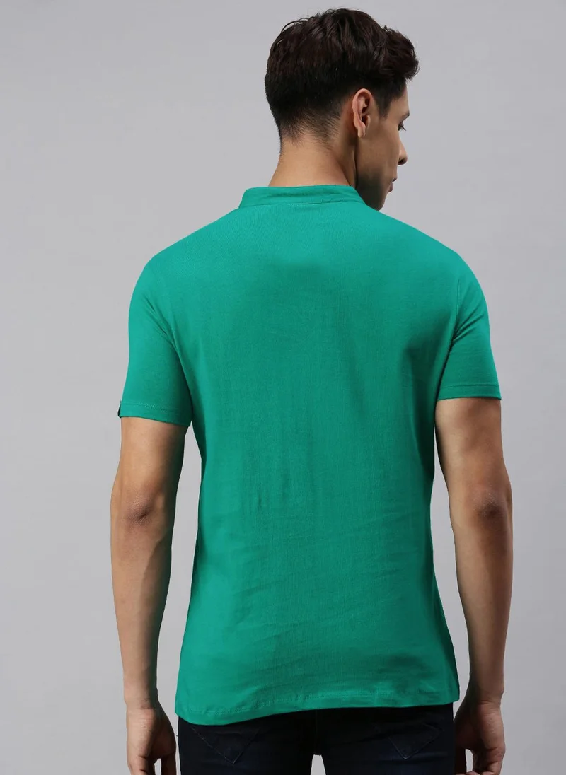 Urbano Fashion  Urbano Fashion Men's Teal Green Solid Mandarin Collar Slim Fit Cotton T-Shirt for Men | Best Price UAE
