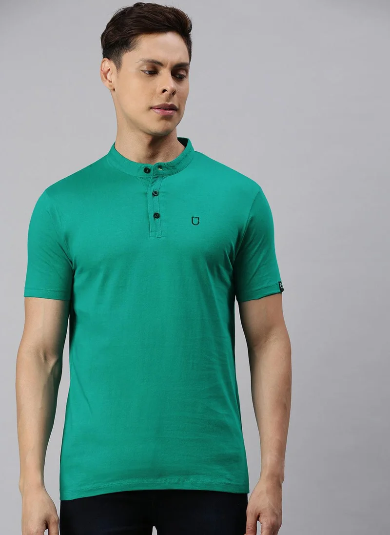 Urbano Fashion Men's Teal Green Solid Mandarin Collar Slim Fit Cotton T-Shirt