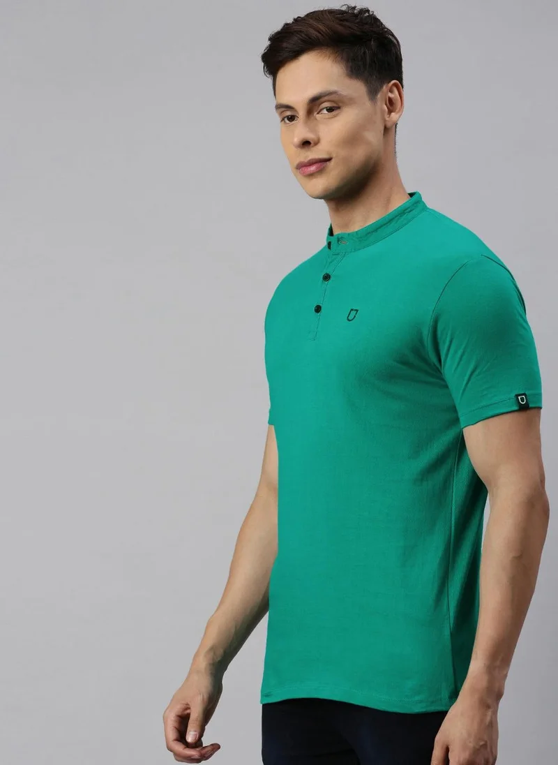 Urbano Fashion  Urbano Fashion Men's Teal Green Solid Mandarin Collar Slim Fit Cotton T-Shirt for Men | Best Price UAE