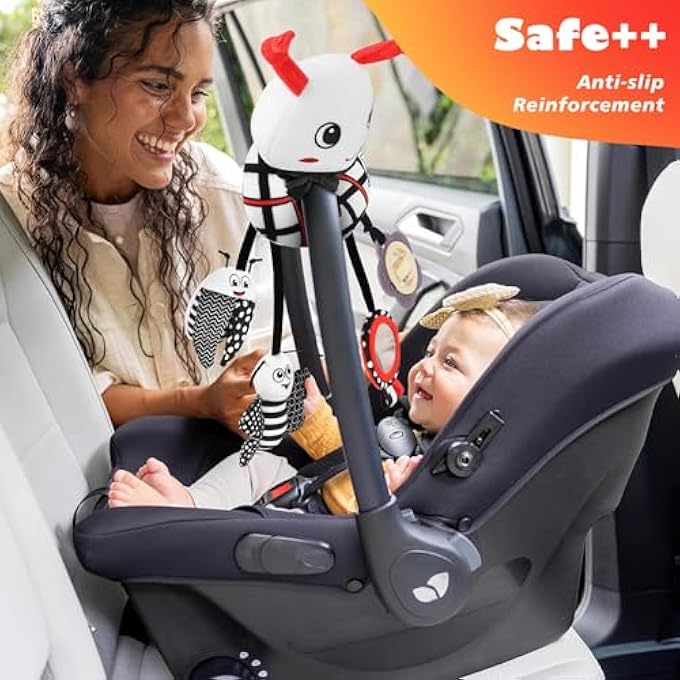CAR SEAT TOYS FOR BABIES, 0-6 MONTHS STROLLER ACTIVITY BLACK WHITE BABY SPIRAL PLUSH TOYS NEWBORN HIGH CONTRAST SENSORY CARSEAT TOYS WITH 4 PENDANTS HANGING BOYS GIRLS GIFT - Image 3