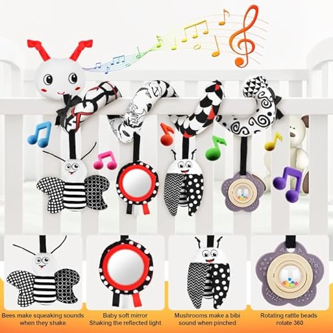 CAR SEAT TOYS FOR BABIES, 0-6 MONTHS STROLLER ACTIVITY BLACK WHITE BABY SPIRAL PLUSH TOYS NEWBORN HIGH CONTRAST SENSORY CARSEAT TOYS WITH 4 PENDANTS HANGING BOYS GIRLS GIFT - Image 4