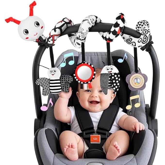 CAR SEAT TOYS FOR BABIES, 0-6 MONTHS STROLLER ACTIVITY BLACK WHITE BABY SPIRAL PLUSH TOYS NEWBORN HIGH CONTRAST SENSORY CARSEAT TOYS WITH 4 PENDANTS HANGING BOYS GIRLS GIFT - Image 1
