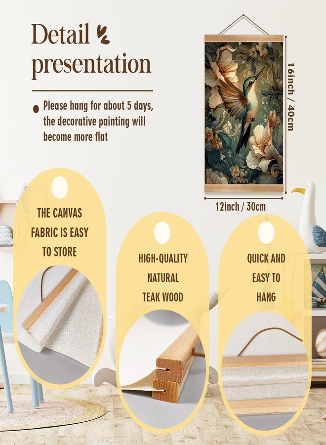ZTGDA Vintage Hummingbird Wall Art - 12x16" Linen Canvas Hanging Poster with Wooden Frame, Elegant Botanical Floral Bird Print for Bedroom, Living Room or Nature-Inspired Home Decor (Colour-Hummingbird) - Image 2