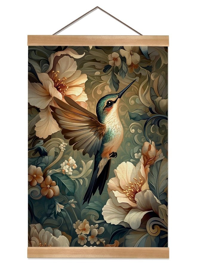 ZTGDA Vintage Hummingbird Wall Art - 12x16" Linen Canvas Hanging Poster with Wooden Frame, Elegant Botanical Floral Bird Print for Bedroom, Living Room or Nature-Inspired Home Decor (Colour-Hummingbird) - Image 1