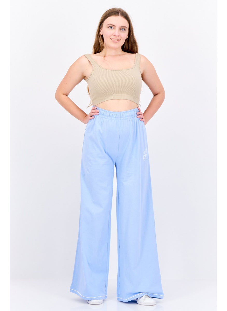 Juicy Couture Women Loose Fit Brand Logo Wide Leg Pants, Light Blue  - Image 4