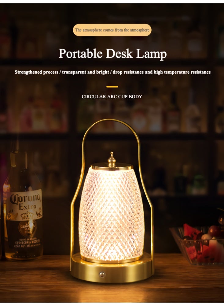 مصباح طاولة LED محمول فاخر، فانوس لاسلكي قابل للشحن مع تحكم باللمس، قابل للتعتيم بثلاث درجات حرارة ألوان، إطار معدني ذهبي، مصباح مكتب شحن من النوع C لغرفة النوم، المطاعم، الخارج وديكور المنزل - Image 1