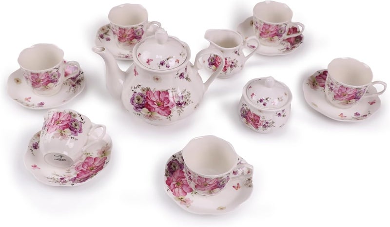 GuangYang 15pcs Porcelain Tea Sets 7 OZ Cups& Saucer Service for 6, with Teapot Sugar Bowl Cream Pitcher for Tea/Coffee - Image 1
