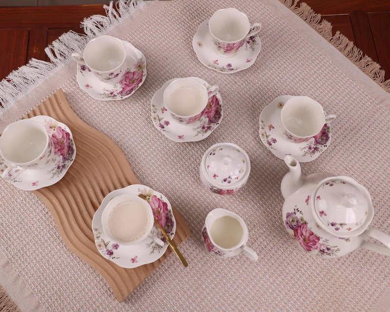 GuangYang 15pcs Porcelain Tea Sets 7 OZ Cups& Saucer Service for 6, with Teapot Sugar Bowl Cream Pitcher for Tea/Coffee - Image 2
