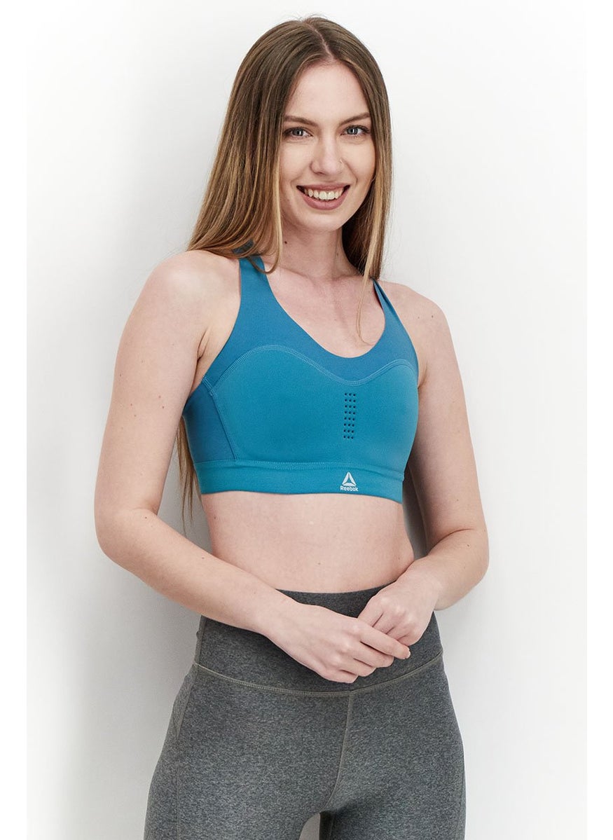 Reebok Women Brand Logo Lightly Padded Sports Bra, Teal Blue  - Image 1