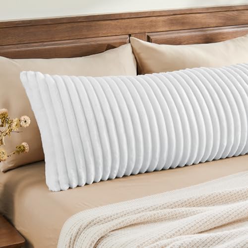 BEDELITE Fluffy Faux Fur Body Pillow Cover with Zipper Luxury Plush 3D Striped Pillow Cover 20x54 Inches Super Soft and Cozy Long Body Pillow Pillowcase for Bed Sofa Couch Room DecorBright White - Image 3