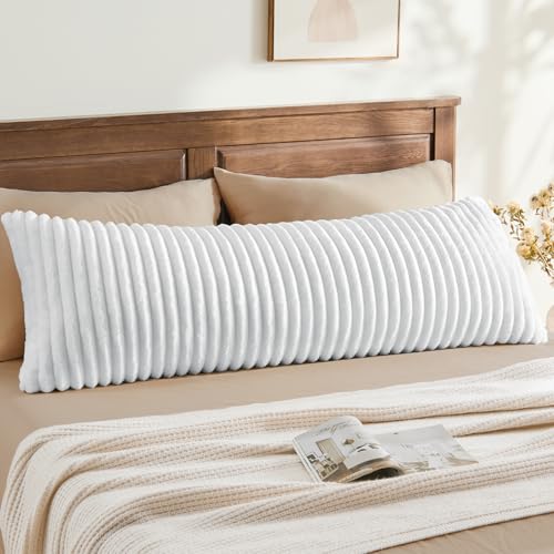 BEDELITE Fluffy Faux Fur Body Pillow Cover with Zipper Luxury Plush 3D Striped Pillow Cover 20x54 Inches Super Soft and Cozy Long Body Pillow Pillowcase for Bed Sofa Couch Room DecorBright White - Image 1