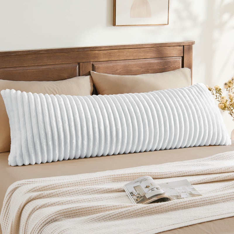 BEDELITE Fluffy Faux Fur Body Pillow Cover with Zipper Luxury Plush 3D Striped Pillow Cover 20x54 Inches Super Soft and Cozy Long Body Pillow Pillowcase for Bed Sofa Couch Room DecorBright White - Image 2