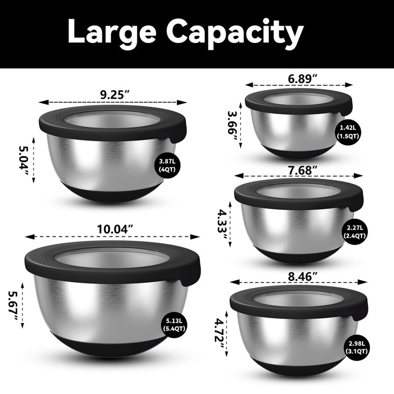 KITEISCAT Stainless Steel Mixing Bowls with Lids â€“ Set of 5 Large Nesting Metal Bowls for Kitchen, Baking, Cooking, Food Prep & Storage, Non-Slip Base, Dishwasher Safe,Black - Image 2