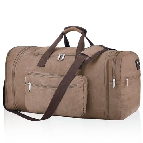 Felipe Varela 60L Duffle Bag for Men Large Expandable Canvas Duffel Bag for Travel Mens Carry On Luggage Bag Traveling Weekender Gym Overnight Bags for Airplanes Coffee - Image 1