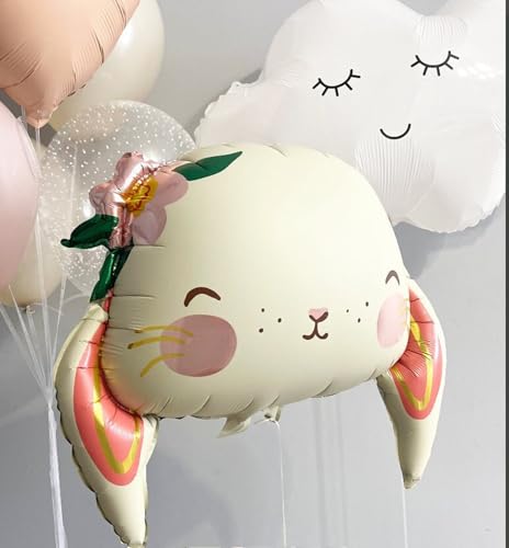 PC Bunny Foil Balloon Cute Floral Bunny Head with Ears Pastel Easter or Baby Shower Decoration Rabbit Balloon for Girls Birthday Party Spring or Woodland Theme - Image 1