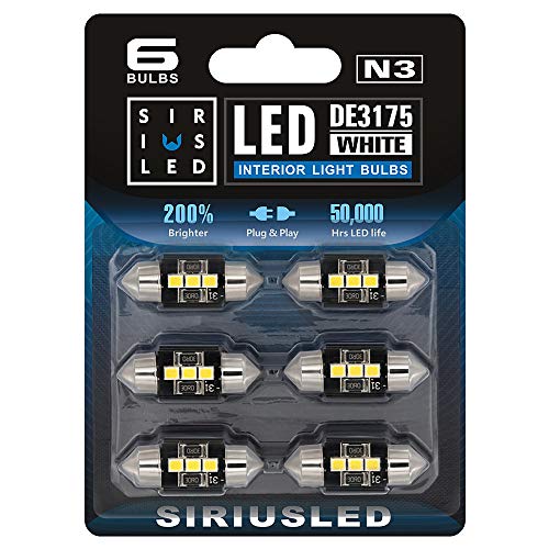 SIR IUS LED N3 DE3175 LED bulbs Pure white Super Bright LED Festoon 300 Lumens 3030 Chipset for Car Truck Interiors Dome Map Door Courtesy Lights 1.25” 31MM Festoon Pack of 6 Bulbs - Image 1