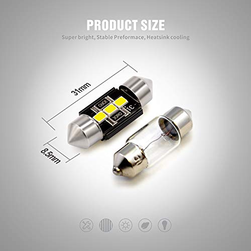 SIR IUS LED N3 DE3175 LED bulbs Pure white Super Bright LED Festoon 300 Lumens 3030 Chipset for Car Truck Interiors Dome Map Door Courtesy Lights 1.25” 31MM Festoon Pack of 6 Bulbs - Image 4