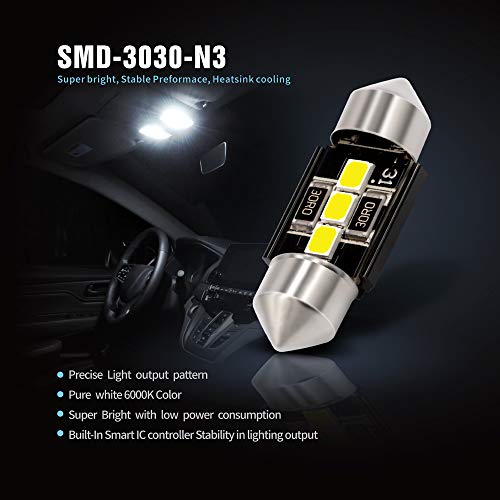 SIR IUS LED N3 DE3175 LED bulbs Pure white Super Bright LED Festoon 300 Lumens 3030 Chipset for Car Truck Interiors Dome Map Door Courtesy Lights 1.25” 31MM Festoon Pack of 6 Bulbs - Image 5