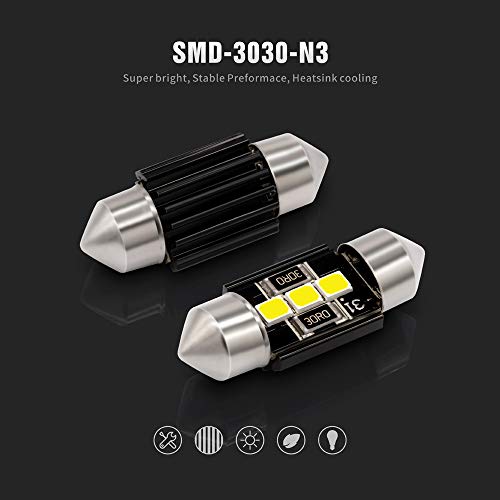 SIR IUS LED N3 DE3175 LED bulbs Pure white Super Bright LED Festoon 300 Lumens 3030 Chipset for Car Truck Interiors Dome Map Door Courtesy Lights 1.25” 31MM Festoon Pack of 6 Bulbs - Image 2