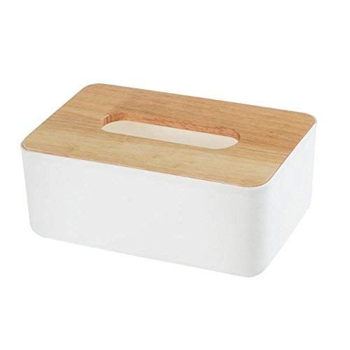 EASY SHOPE Plastic Square Shape Tissue Paper Holder Box with Wooden Cover for Car Decor Home Room Hotel (22.5 x 13 x 9 cm, White) - 1 pcs - Image 1