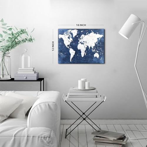 AREBOLO World Map Canvas Wall Art Modern Office Pictures Decorations World Maps for Living Room Wall Decor Retro Map of World Poster Navy Blue Painting Artwork Framed Home Study Bedroom Decoration 12x16” - Image 3