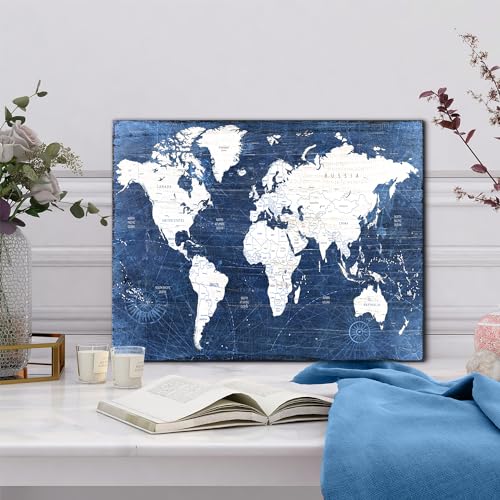 AREBOLO World Map Canvas Wall Art Modern Office Pictures Decorations World Maps for Living Room Wall Decor Retro Map of World Poster Navy Blue Painting Artwork Framed Home Study Bedroom Decoration 12x16” - Image 2